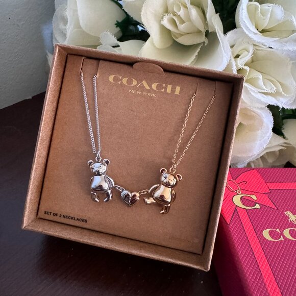NWT COACH Teddy Bear Heart Friendship Necklace Duo Set CY112 $148 - Picture 3 of 5